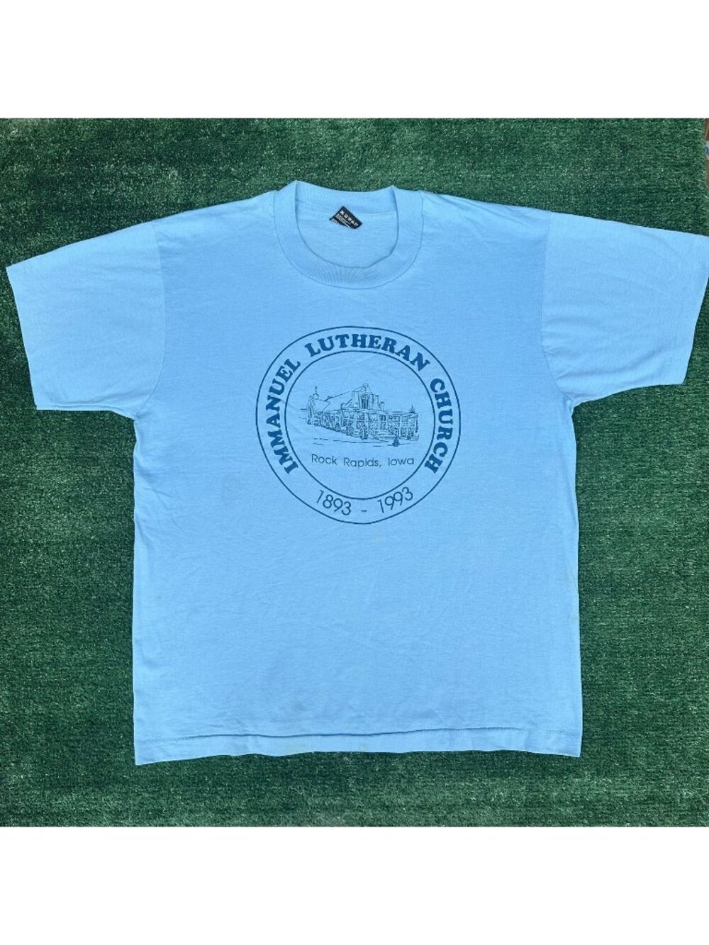Vintage 90s Rock Rapids Iowa Lutheran Church T-Shirt Blue L Single Stitch Indie